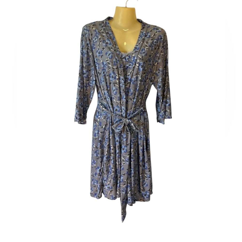Marilyn Monroe Nightgown Robe Set Attached Belt 2 Piece Floral Blue Gray Medium